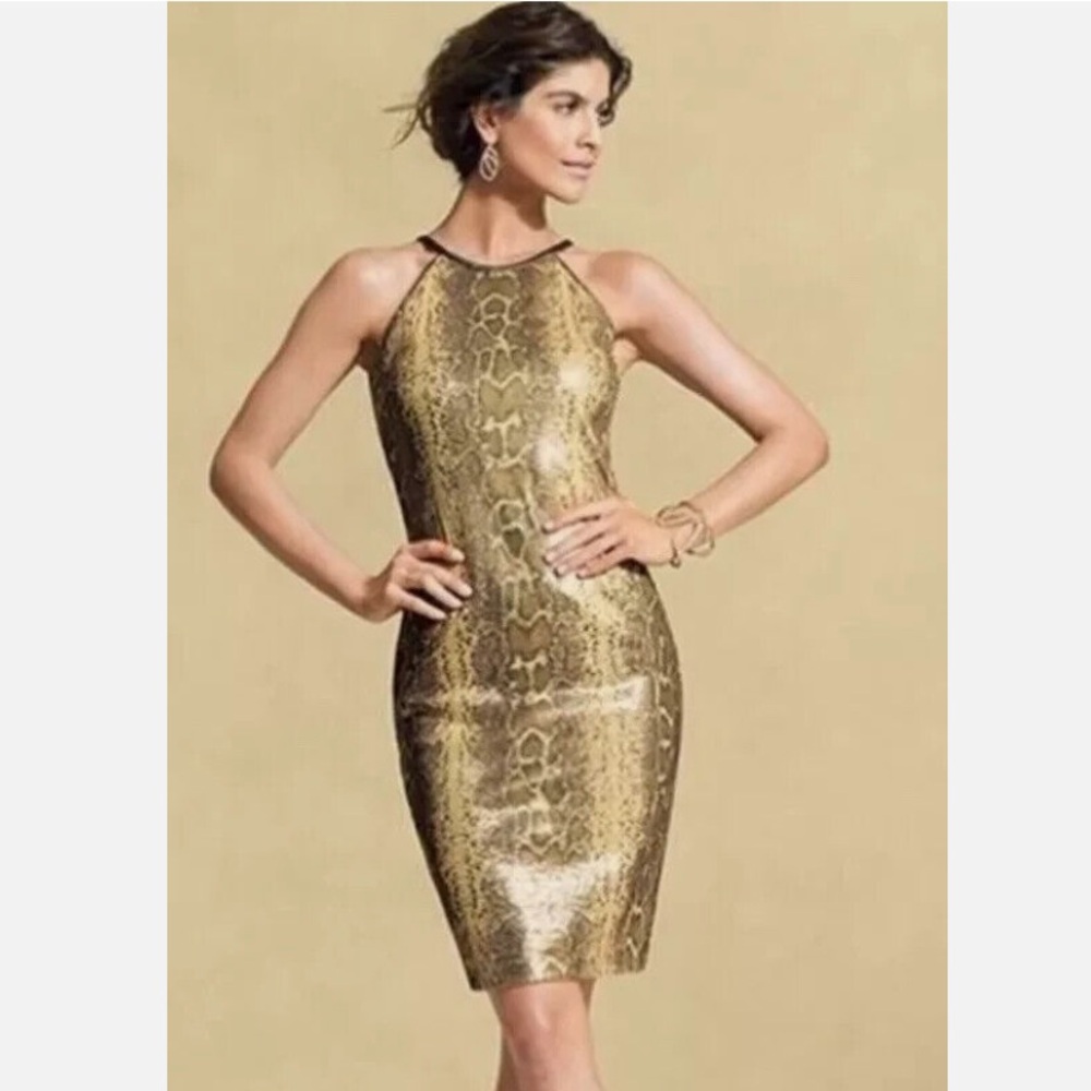 Cache Gold & Brown Sequin Snake Print Halter Neck Dress Size 0